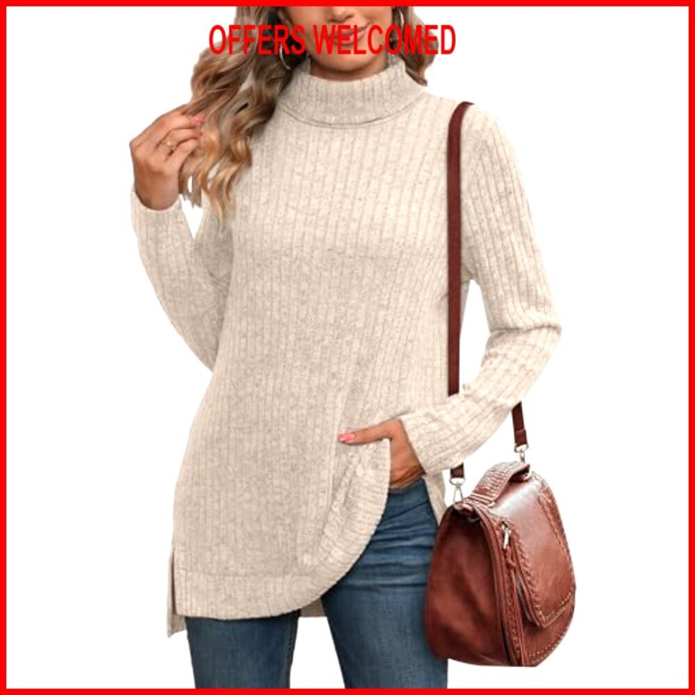 Oversized Turtleneck Tunic Top Long Sleeve Side Split High Low Hem Sweater - Picture 4 of 7